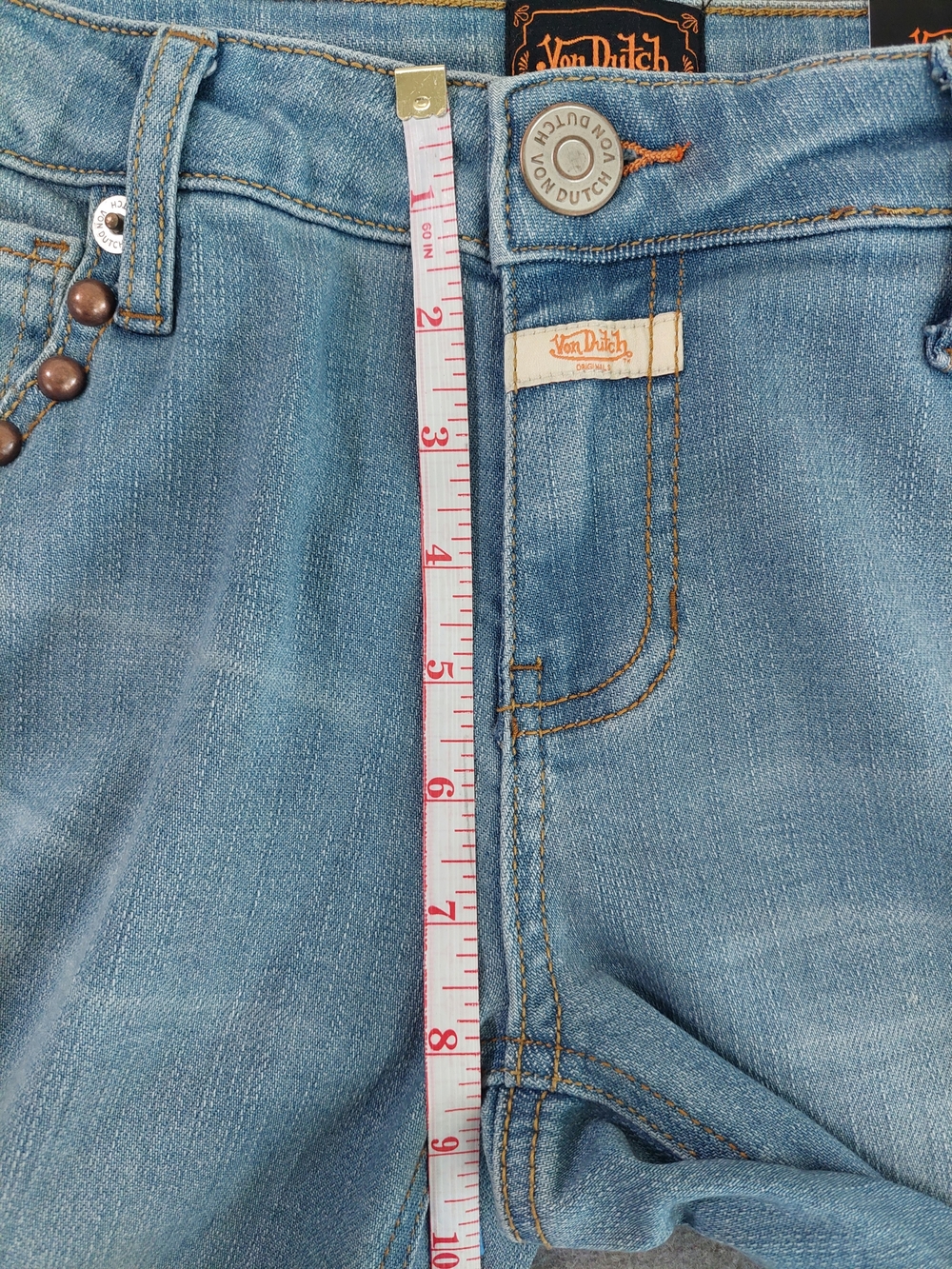 Von Dutch Originals NWT Low Rise Flare Jeans Studded Patch Size 29 Y2K McBling - Picture 6 of 13
